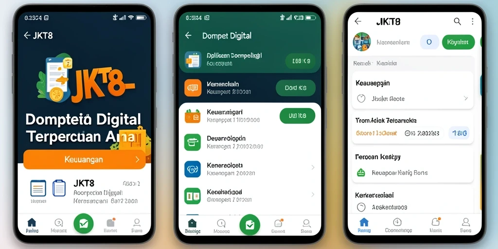 Tampilan utama aplikasi JKT8 dengan fitur pembayaran yang mudah.
