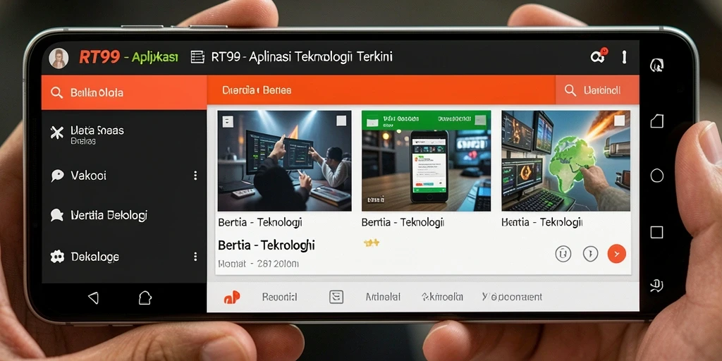 Antarmuka RT99 yang modern dan informatif untuk berita teknologi.